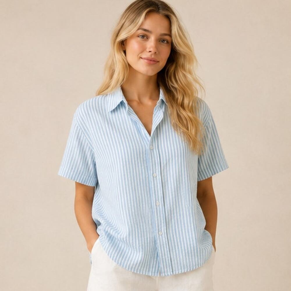 NEW! Daily Drills Striped Cotton Button Up Shirt XS/S Light Blue White Top